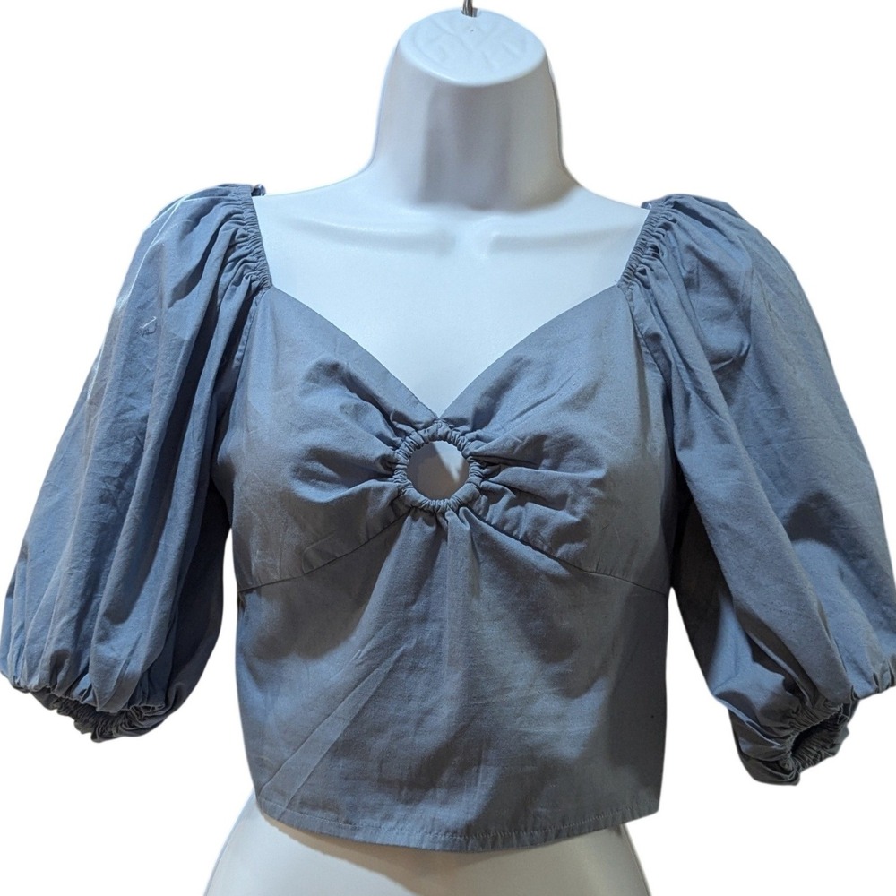 Abercrombie‎ & Fitch Blue Puff Sleeve Poplin O-Ring Detail Smocked Crop Top XS